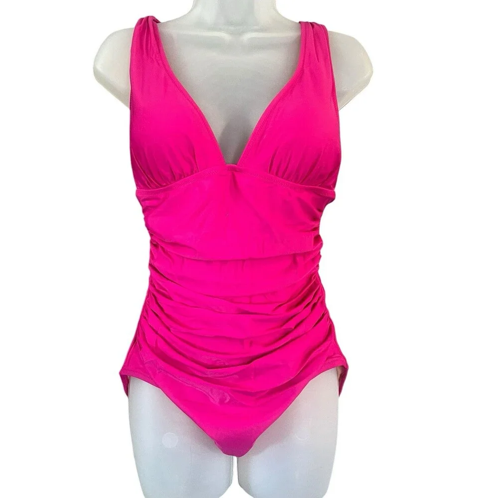 J. Crew NWT Ruched V Neck One Piece Sz 10 Swimsuit Fuchsia BC116 Full Coverage‎